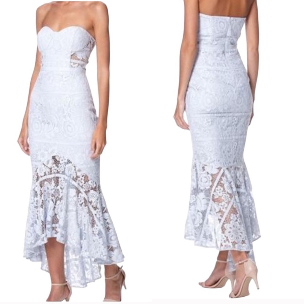 Strapless White Lace Mermaid Midi Dress